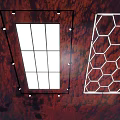 Modern Square And Hexagonal Chandeliers With Grid And Honeycomb Patterns On Red Ceiling