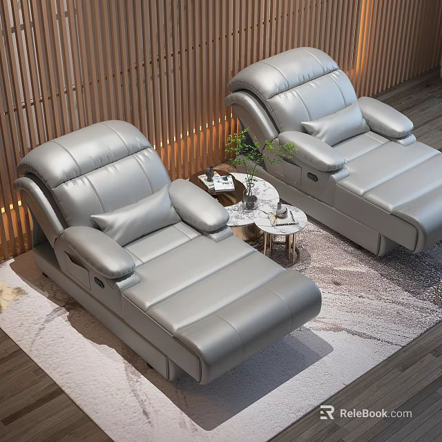 Two Gray Leather Massage Chairs In Modern Room With Side Table And Plants 3d model 