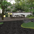 Modern Residential Landscape Design With Trees Wooden Deck Seating Area Stone Wall And Greenery