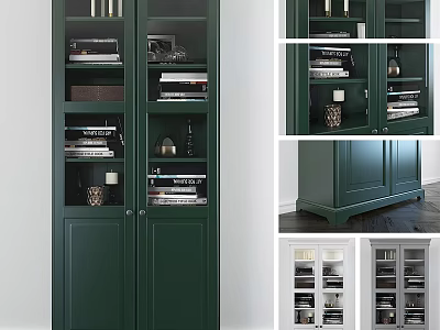 Dark Green Cabinet with Glass Doors Books and Decor Modern Design for Living Room 3d model