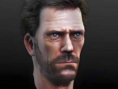 Realistic Man Head Close Up Portrait With Blue Eyes Facial Hair Serious Expression Detailed Skin 3d model