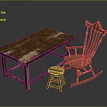 Vintage Wooden Dining Table With Worn Surface Rocking Chair And Small Stool