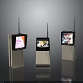 Three Electronic Devices With Antennas Display Screens And Different Images On White Base