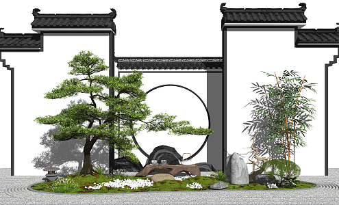 New Chinese style landscape sketch courtyard landscape dry landscape wall 3d model