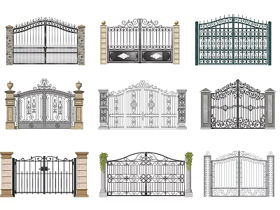 Various Decorative Entrance Gates With Ironwork And Stone Pillar Designs 3d model