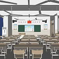 Bright School Classroom With Desks Chairs Blackboard National Flag Ceiling Fans And Windows