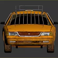 Yellow Sedan With Roof Rack And Window Bars On Dark Background