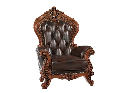 Classic Single Sofa With Dark Leather Tufted Design And Ornate Carved Wooden Frame Armrests Legs 3d model