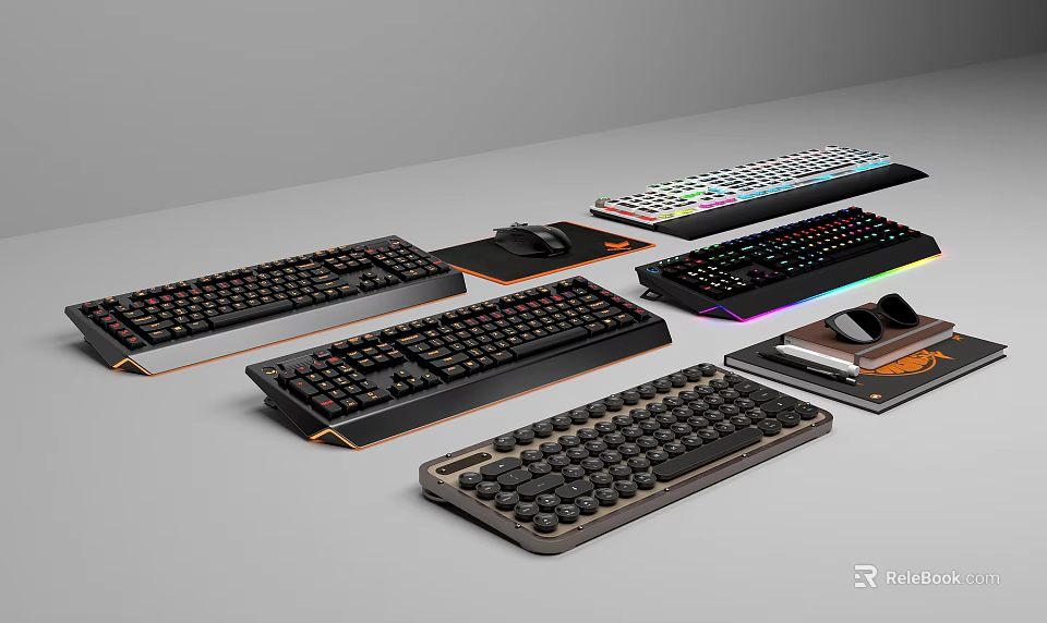 Mechanical Keyboard and Mouse Decor Set with RGB Lighting and Various Styles 3d model 