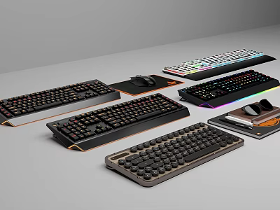 Mechanical Keyboard and Mouse Decor Set with RGB Lighting and Various Styles 3d model