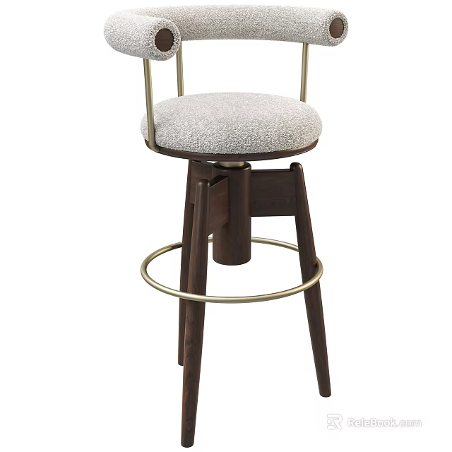 Stylish Bar Stool With Upholstered Seat Golden Armrests And Dark Wooden Legs 3d model 