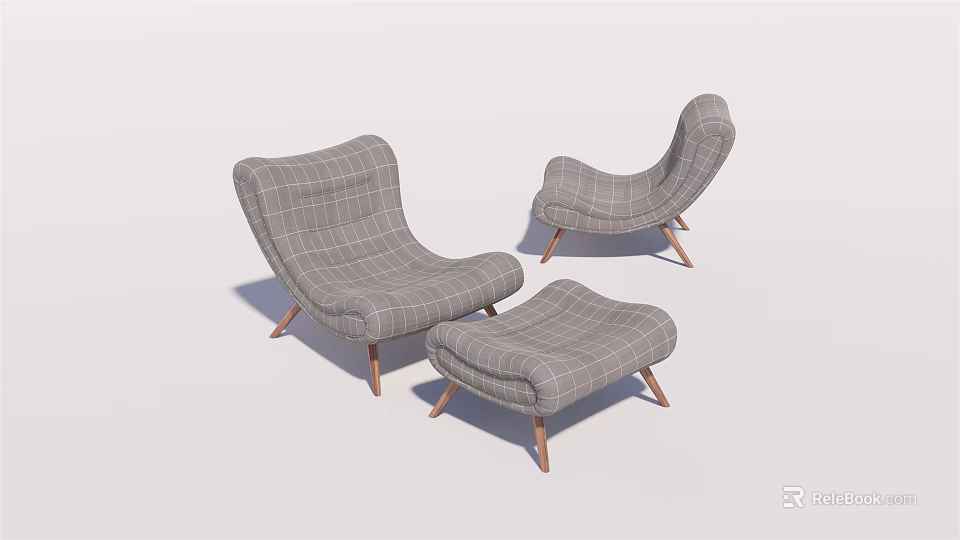 Modern Gray Plaid Lounge Chairs With Wooden Legs And Matching Ottoman 3d model 