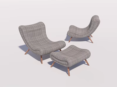 Modern Gray Plaid Lounge Chairs With Wooden Legs And Matching Ottoman 3d model