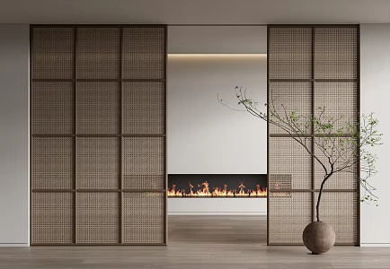 Silly sliding door rattan sliding door green plant potted fireplace 3d model