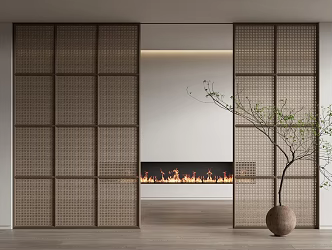 Silly sliding door rattan sliding door green plant potted fireplace 3d model