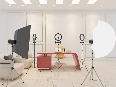 Modern Public Office Space With Red Desk Yellow Chair Tripod Mounted Ring Lights And Sofa 3d model