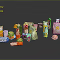 Various Assorted Packaged Foods Featuring Burgers Snacks And Beverage Containers