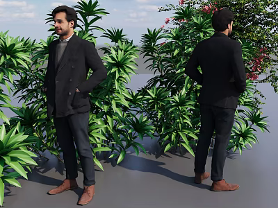Man in Black Suit Dark Pants Brown Shoes Standing Among Green Plants Trees and Flowers 3d model