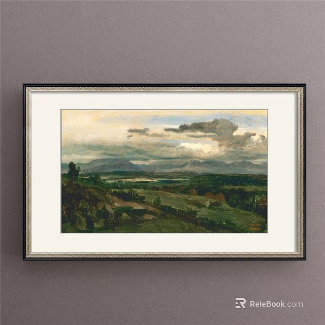 Landscape Painting With Mountain View Green Field Cloudy Sky And Trees 3d model 