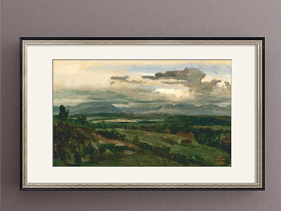 Landscape Painting With Mountain View Green Field Cloudy Sky And Trees 3d model