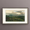 Landscape Painting With Mountain View Green Field Cloudy Sky And Trees