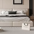 Modern Beige Double Bed With White Sheets Black White Pillows Nightstand Plants And Rug