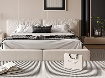 Modern Beige Double Bed With White Sheets Black White Pillows Nightstand Plants And Rug 3d model