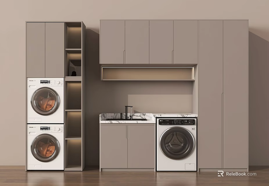 Modern Laundry Room Interior Featuring Stacked Washer Dryer Gray Cabinets And Countertop 3d model 