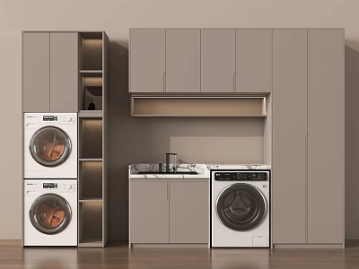 Modern Laundry Room Interior Featuring Stacked Washer Dryer Gray Cabinets And Countertop 3d model