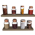 Colorful Spice Jars with Various Spices on Wooden Shelves Against Grey Wall