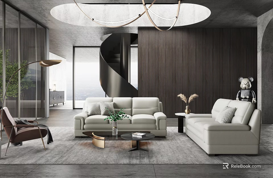 Elegant Modern Living Room Interior With Light Gray Sofa Coffee Table And Spiral Staircase 3d model 