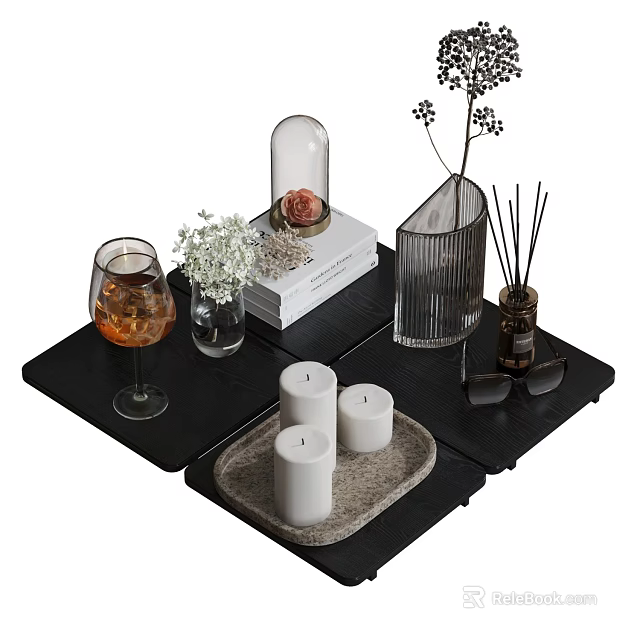 Ornamental Decor Set with Black Tray Curved Ornament Wine Glass White Flowers and Candles 3d model 
