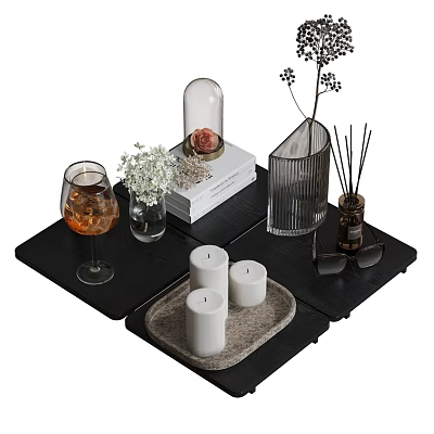 Ornamental Decor Set with Black Tray Curved Ornament Wine Glass White Flowers and Candles 3d model