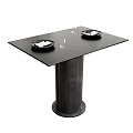 Black Square Dining Table With Cylindrical Base And Two Black Plates Two Wine Glasses 3d model