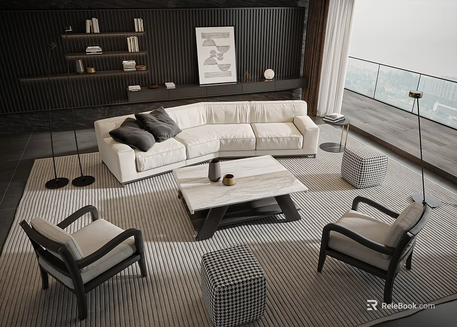 Modern Living Room Sofa Coffee Table Set With White Sofa Marble Top And Accent Chairs 3d model 