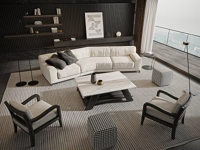 Modern Living Room Sofa Coffee Table Set With White Sofa Marble Top And Accent Chairs 3d model