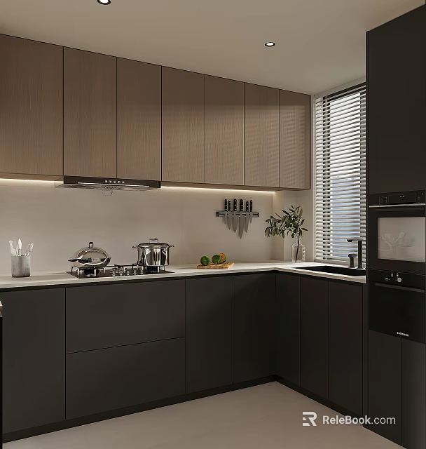 Modern Kitchen Interior Featuring Dark Cabinets White Countertop Cooking Utensils And Fruits 3d model 