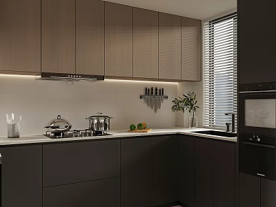 Modern Kitchen Interior Featuring Dark Cabinets White Countertop Cooking Utensils And Fruits 3d model