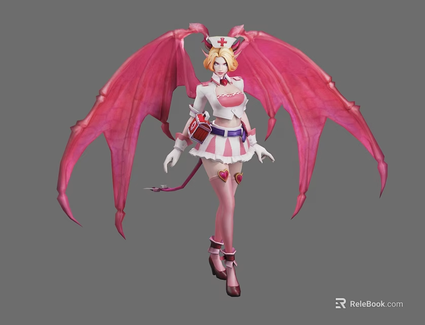 Game and Movie Character With Pink Wings Blonde Hair Nurse Style Outfit and Pink Boots 3d model 