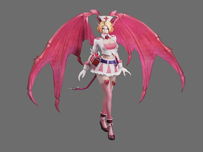 Game and Movie Character With Pink Wings Blonde Hair Nurse Style Outfit and Pink Boots 3d model