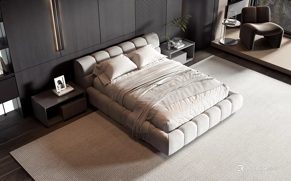 Modern Upholstered Double Bed With Nightstand Decorative Frame Plant And Area Rug 3d model 