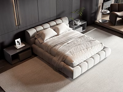 Modern Upholstered Double Bed With Nightstand Decorative Frame Plant And Area Rug 3d model