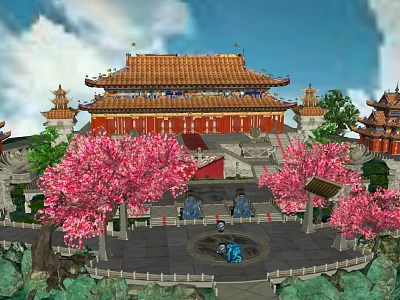 Ancient Chinese Palace Courtyard With Red Tiled Roofs And Pink Cherry Blossom Trees 3d model