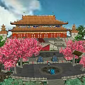 Ancient Chinese Palace Courtyard With Red Tiled Roofs And Pink Cherry Blossom Trees