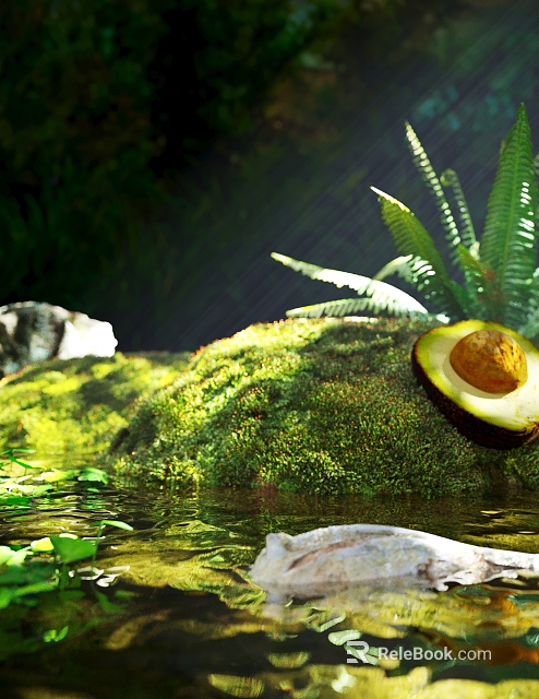 Half Sliced Avocado on Green Mossy Rock with Ferns Sunlight and Water 3d model 