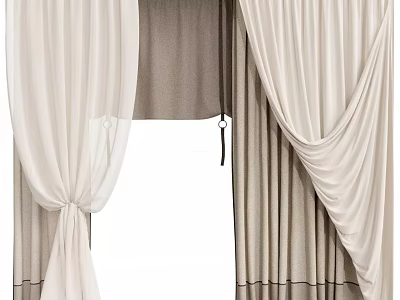 Modern Beige Sheer Curtains With Linen Drapes And Tieback Details 3d model