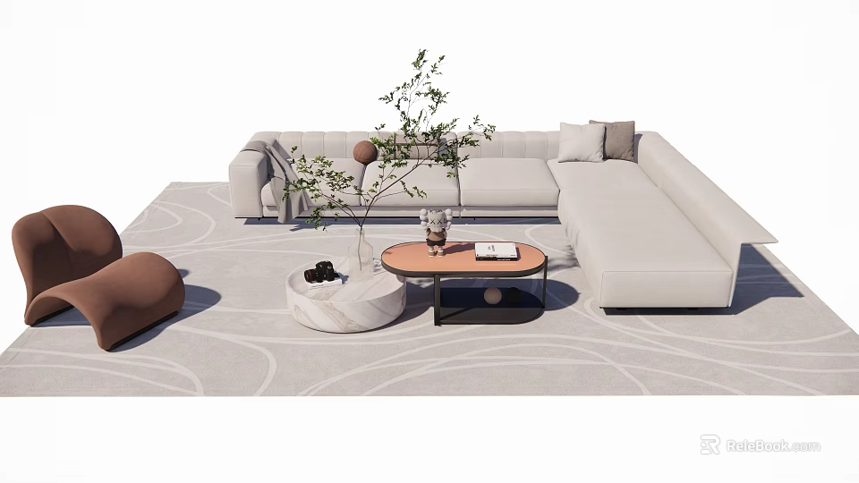 Modern Sofa and Coffee Table Set with Beige Upholstery Decorative Plants and Patterned Carpet 3d model