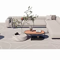 Modern Sofa and Coffee Table Set with Beige Upholstery Decorative Plants and Patterned Carpet 3d model