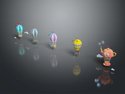Colorful Cartoon Hot Air Balloons In Various Shapes With Reflections On Dark Background 3d model