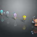 Colorful Cartoon Hot Air Balloons In Various Shapes With Reflections On Dark Background